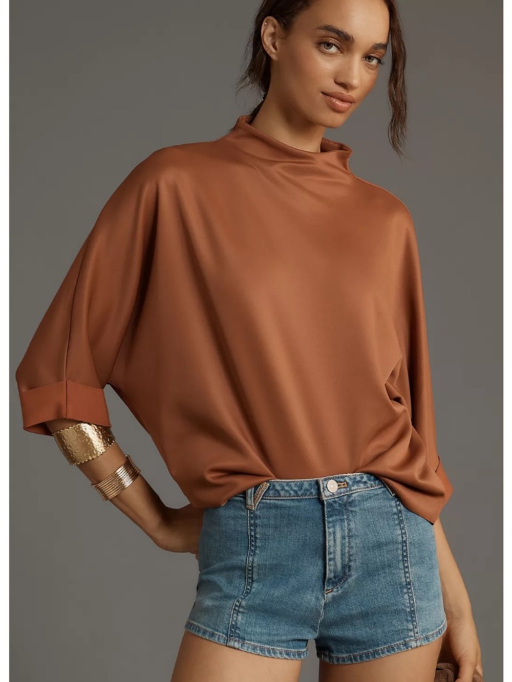 Anthropologie Rust Brown Dolman Satin Mock Neck Sweatshirt